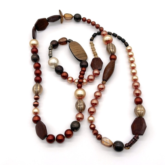 Vintage Wooden Beaded Boho Necklace 56" - Picture 2 of 13